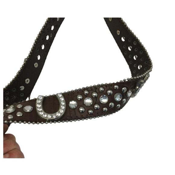 Rhinestone Western Leather Belt Size M Nocona Horseshoe Silver Buckle Rodeo - Picture 4 of 4